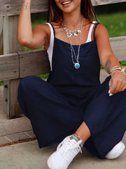 A Must-Have for Vacations: Summer Black Casual Style Loose Wide-Leg One-Piece Design Women's Jumpsuit Overalls