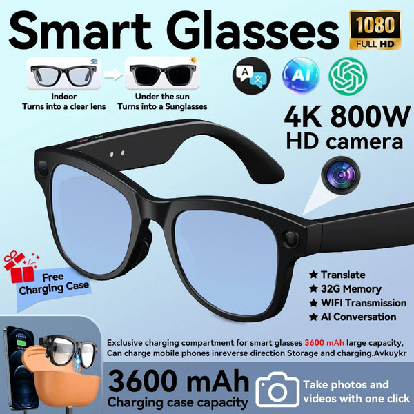 2026 New AI Smart Glasses 800W Camera 4K Ultra HD Video Recording Translation 3600mAh Charging Case AI Conversation 32GB Storage