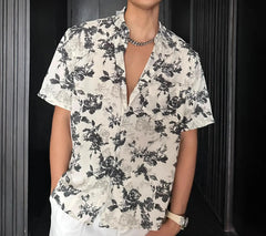 Light and Breathable in Summer Hawaiian Vacation Style Loose Casual Hong Kong Style Handsome Draped Short Sleeves