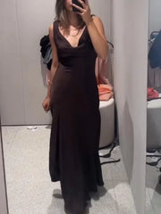 HH Women's Summer Vacation Style V-neck Satin Texture Dress Female Elegant Sexy Solid Backless Lace-up Strap Midi Dress