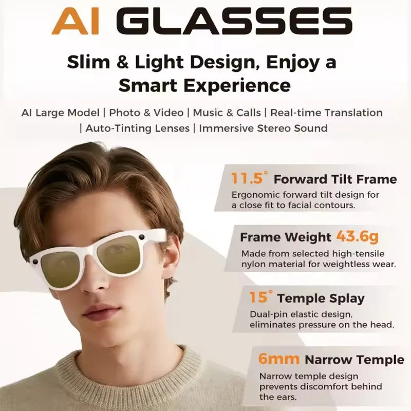 2026 New AI Smart Glasses 800W Camera 4K Ultra HD Video Recording Translation 3600mAh Charging Case AI Conversation 32GB Storage