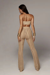 Beach Wear Straight Pant Vacation Outfits Clothes For Women Knitted Hollow Out Lace-Up Causal Trousers Solid Color