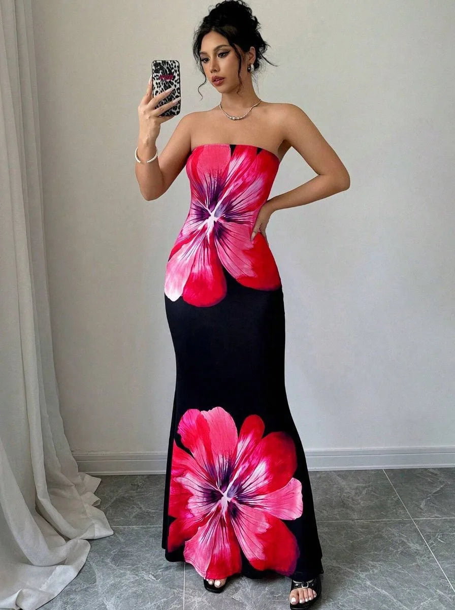 Fashion Milk Silk Fabric Floral Print Sexy Long Dresses Elegant Backless Bodycon High Waist Midi Dress 2025 Summer Vacation Boho