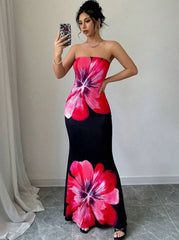 Fashion Milk Silk Fabric Floral Print Sexy Long Dresses Elegant Backless Bodycon High Waist Midi Dress 2025 Summer Vacation Boho