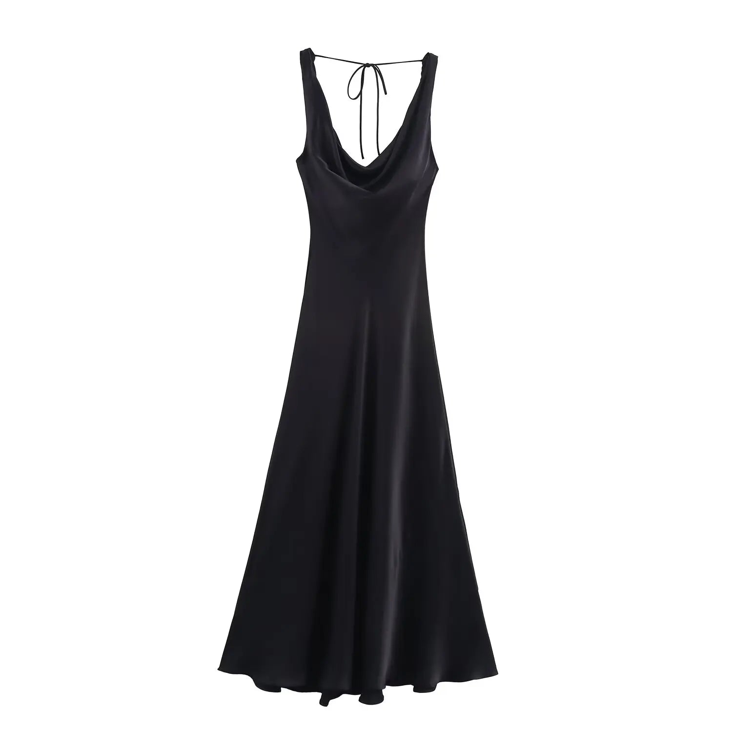 HH Women's Summer Vacation Style V-neck Satin Texture Dress Female Elegant Sexy Solid Backless Lace-up Strap Midi Dress