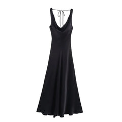 HH Women's Summer Vacation Style V-neck Satin Texture Dress Female Elegant Sexy Solid Backless Lace-up Strap Midi Dress