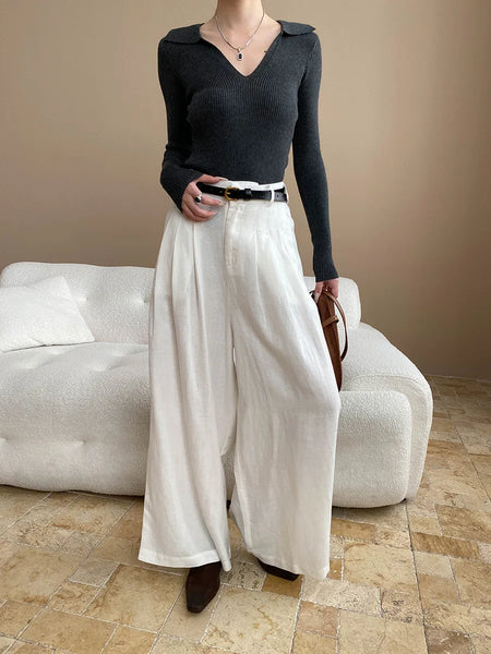 Lightweight travel comfort semi elastic high waist slimming casual wide leg pants