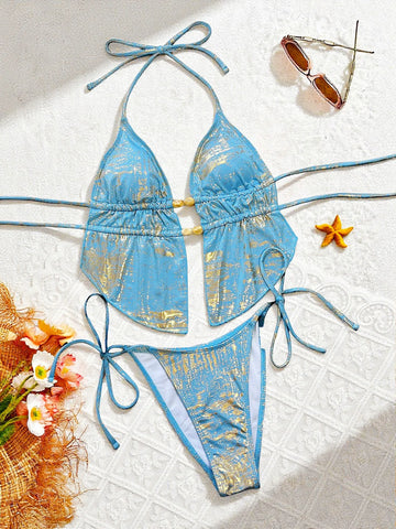 Fashion Women 2 Pieces Suit Swimwear Blue Print Halter Lace-up Bathing Suit Ruffles Bikini Set Sexy Backless Brazilian Beachwear