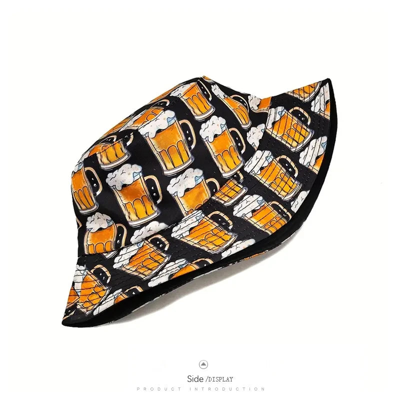 Funny Cartoon Beer Bucket Hat Double Sided Sun Cap