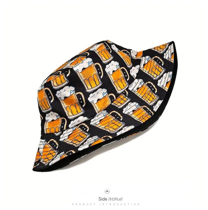 Funny Cartoon Beer Bucket Hat Double Sided Sun Cap