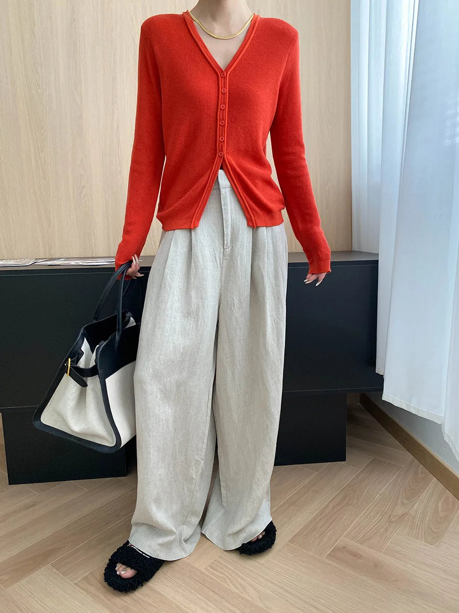 Lightweight travel comfort semi elastic high waist slimming casual wide leg pants