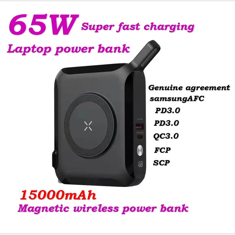 Travel charger  Magnetic wireless charging bank comes with cable and plug 65W Supportlaptop Android Fast charge