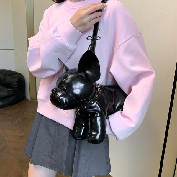 Messenger Bag PU Leather Adjustable Strap Shoulder Bag for Men Women Bulldog Shaped Crossbody Bag with Zipper Satchel Purse