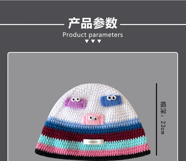 Ins Cute Cartoon Contrasting Color Knitted Bucket Hats Men Spring and Autumn Travel Photo Fashion Versatile Sweet Woman's Cap