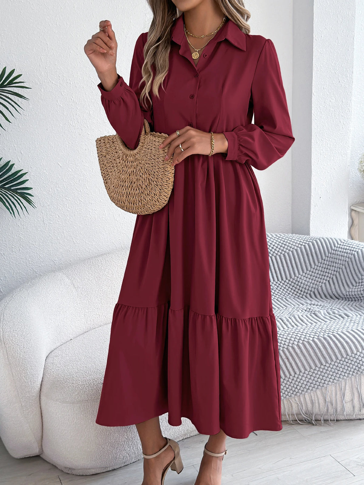 Casual Vacation Long Sleeved Turn-down Collar Single-Breasted Dress Spring Autumn Fashion Women&