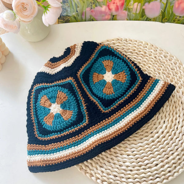 Women Muticolor Crochet Korean Handmade Bucket Hat Women Weaving Knitted Hat Y2k Fashion Flowers Autumn Winter Beanies Basin Cap