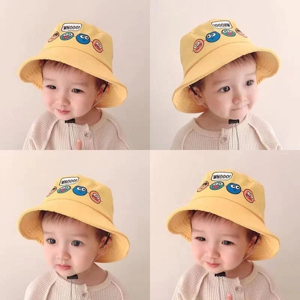Korean Cute Cartoon Children Bucket Hats Boys Girls Outdoor Sun Hats Kids Caps with Windproof Rope Kids Accessories