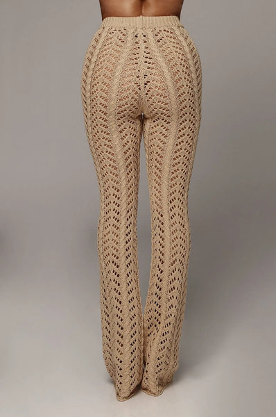Beach Wear Straight Pant Vacation Outfits Clothes For Women Knitted Hollow Out Lace-Up Causal Trousers Solid Color