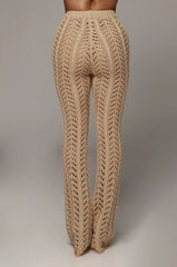 Beach Wear Straight Pant Vacation Outfits Clothes For Women Knitted Hollow Out Lace-Up Causal Trousers Solid Color