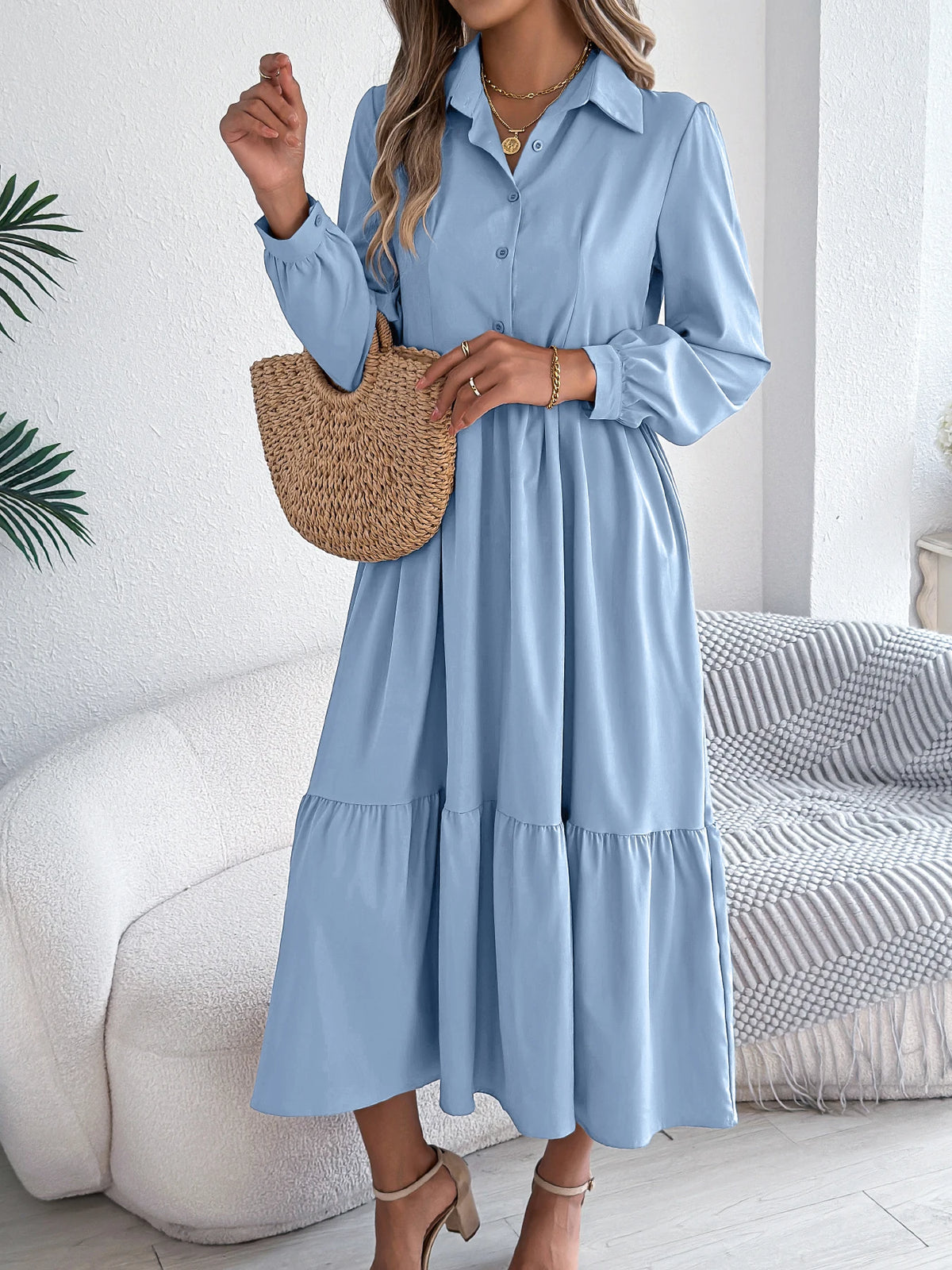 Casual Vacation Long Sleeved Turn-down Collar Single-Breasted Dress Spring Autumn Fashion Women&
