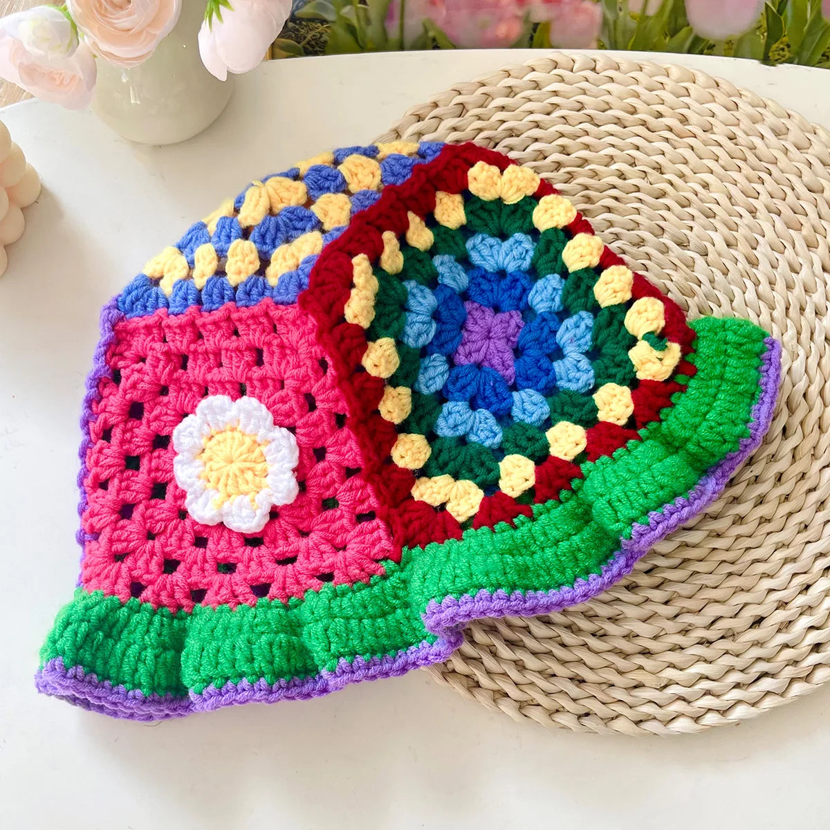 Women Muticolor Crochet Korean Handmade Bucket Hat Women Weaving Knitted Hat Y2k Fashion Flowers Autumn Winter Beanies Basin Cap