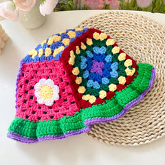 Women Muticolor Crochet Korean Handmade Bucket Hat Women Weaving Knitted Hat Y2k Fashion Flowers Autumn Winter Beanies Basin Cap