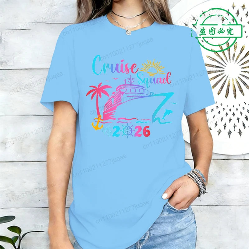 Cruise Squad 2026 Print Tee Shirts Family Birthday Cruise Women's Harajuku T-shirt Short Sleeve Female Clothing Street Tee Tops