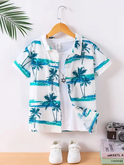 Kids Hawaiian Leaf Print Short Sleeve Beach Shirt