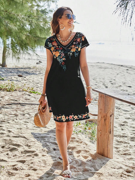 Women's Summer Vacation V Neck Floral Print Short Sleeve Dress, Casual Holiday, Elegant Ladies Fashion Clothing