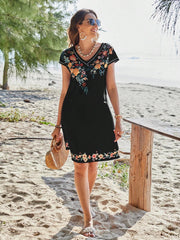 Women's Summer Vacation V Neck Floral Print Short Sleeve Dress, Casual Holiday, Elegant Ladies Fashion Clothing