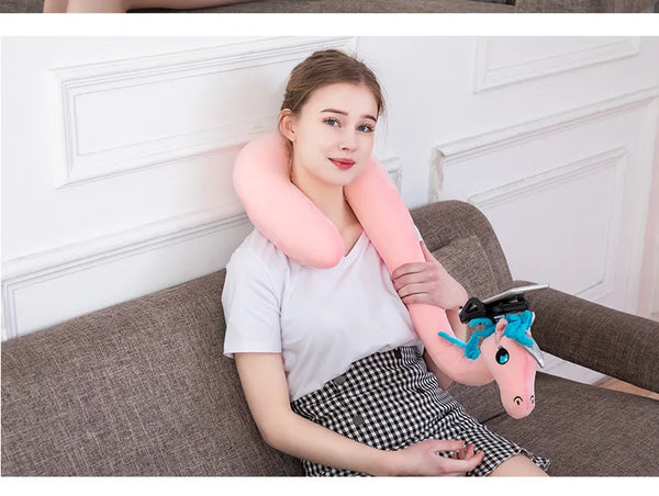 Travel Pillow with Mobile Phone Holder Lazy U-shaped Neck Support Cartoon Pillow with 360 Flexible Rotating Mobile Phone Holder