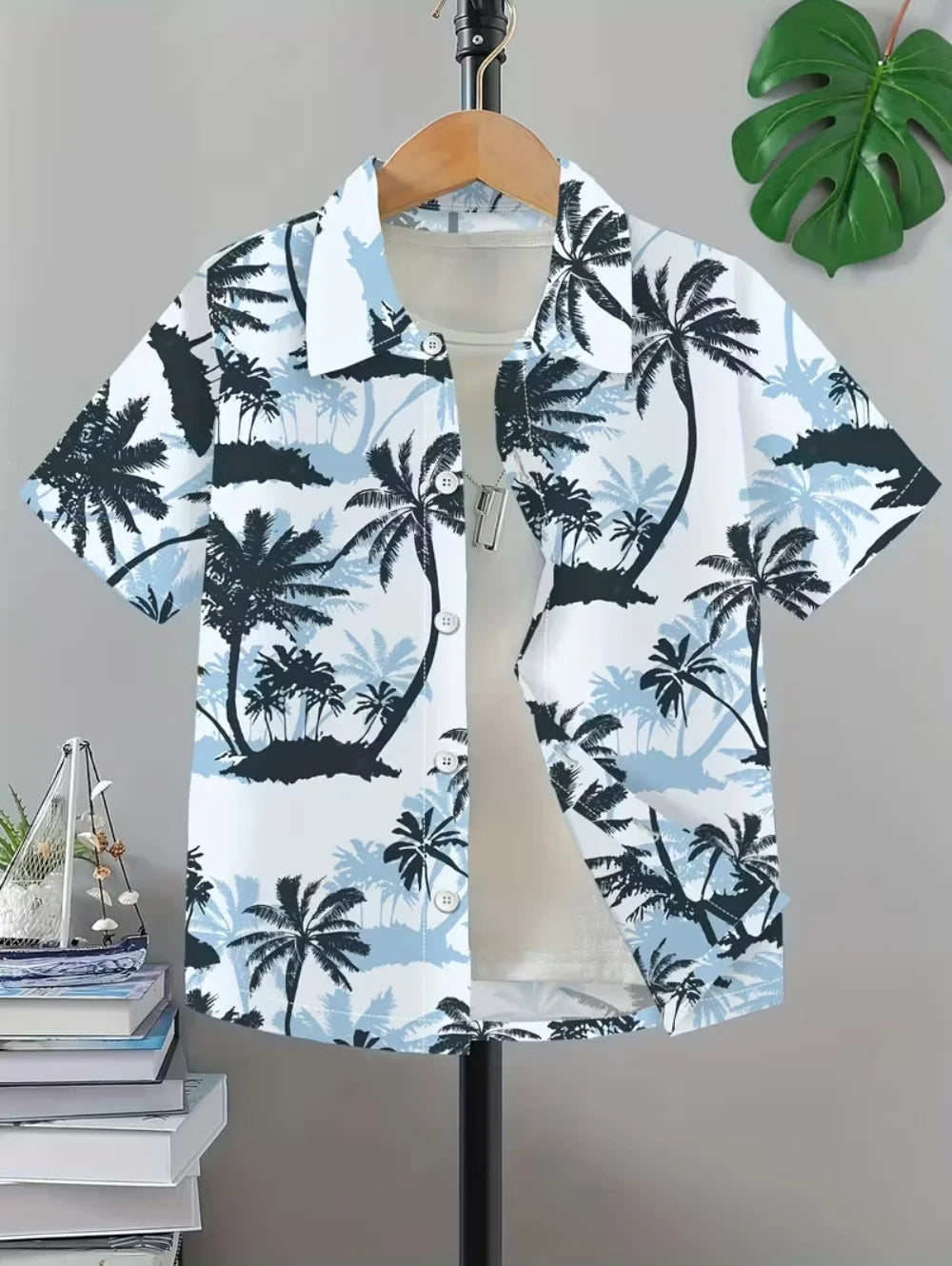 Kids Hawaiian Leaf Print Short Sleeve Beach Shirt