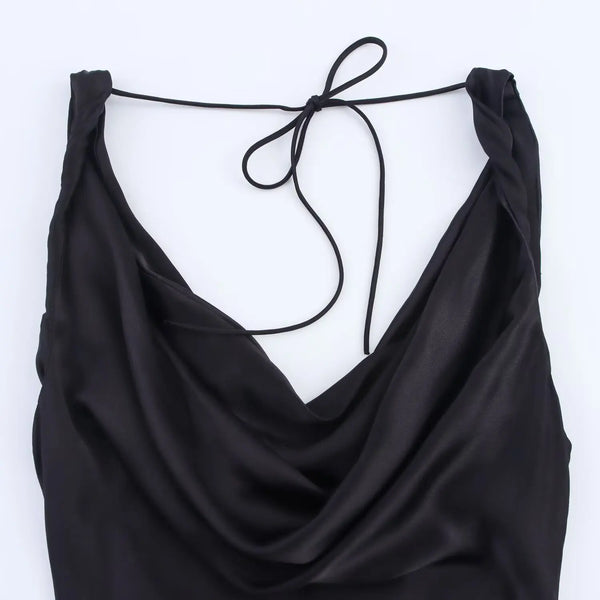 HH Women's Summer Vacation Style V-neck Satin Texture Dress Female Elegant Sexy Solid Backless Lace-up Strap Midi Dress
