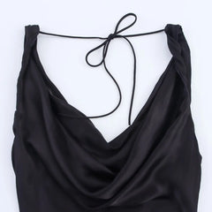 HH Women's Summer Vacation Style V-neck Satin Texture Dress Female Elegant Sexy Solid Backless Lace-up Strap Midi Dress