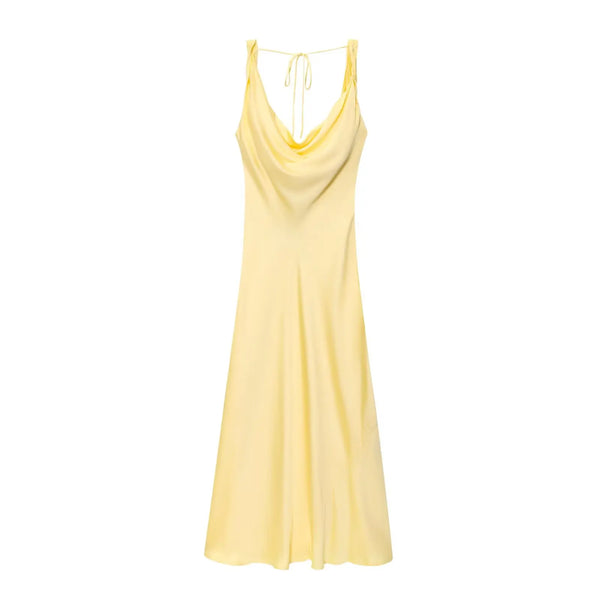 HH Women's Summer Vacation Style V-neck Satin Texture Dress Female Elegant Sexy Solid Backless Lace-up Strap Midi Dress