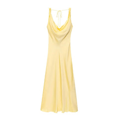 HH Women's Summer Vacation Style V-neck Satin Texture Dress Female Elegant Sexy Solid Backless Lace-up Strap Midi Dress