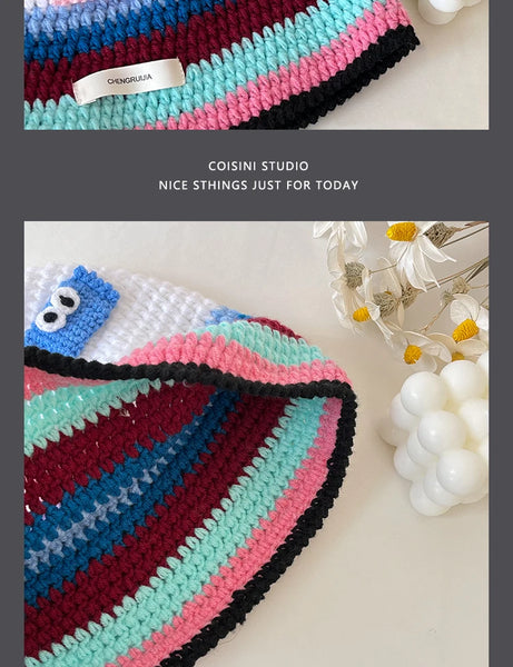 Ins Cute Cartoon Contrasting Color Knitted Bucket Hats Men Spring and Autumn Travel Photo Fashion Versatile Sweet Woman's Cap