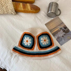 Women Muticolor Crochet Korean Handmade Bucket Hat Women Weaving Knitted Hat Y2k Fashion Flowers Autumn Winter Beanies Basin Cap