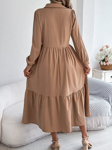 Casual Vacation Long Sleeved Turn-down Collar Single-Breasted Dress Spring Autumn Fashion Women's Clothing