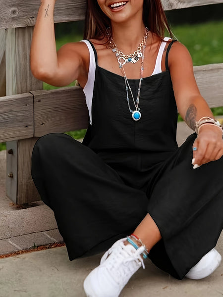 A Must-Have for Vacations: Summer Black Casual Style Loose Wide-Leg One-Piece Design Women's Jumpsuit Overalls
