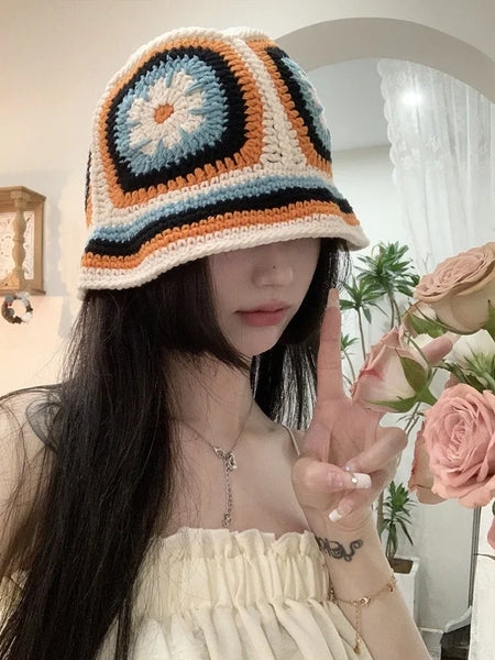 Women Muticolor Crochet Korean Handmade Bucket Hat Women Weaving Knitted Hat Y2k Fashion Flowers Autumn Winter Beanies Basin Cap