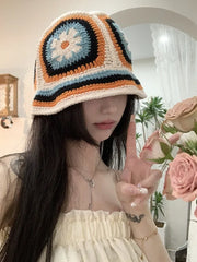 Women Muticolor Crochet Korean Handmade Bucket Hat Women Weaving Knitted Hat Y2k Fashion Flowers Autumn Winter Beanies Basin Cap
