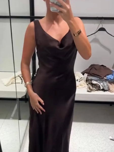 HH Women's Summer Vacation Style V-neck Satin Texture Dress Female Elegant Sexy Solid Backless Lace-up Strap Midi Dress