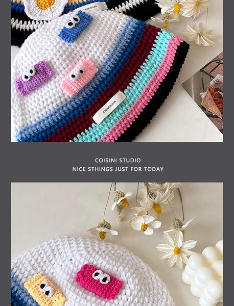 Ins Cute Cartoon Contrasting Color Knitted Bucket Hats Men Spring and Autumn Travel Photo Fashion Versatile Sweet Woman's Cap