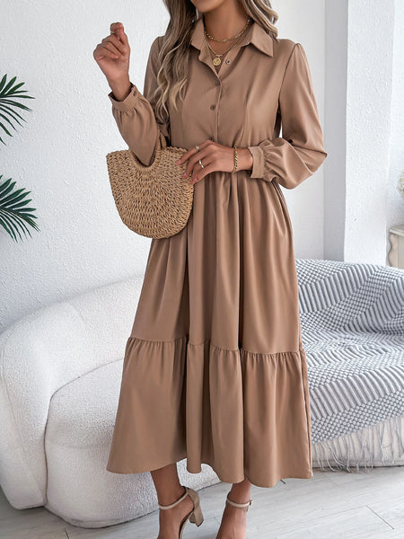Casual Vacation Long Sleeved Turn-down Collar Single-Breasted Dress Spring Autumn Fashion Women's Clothing