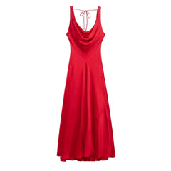 HH Women's Summer Vacation Style V-neck Satin Texture Dress Female Elegant Sexy Solid Backless Lace-up Strap Midi Dress