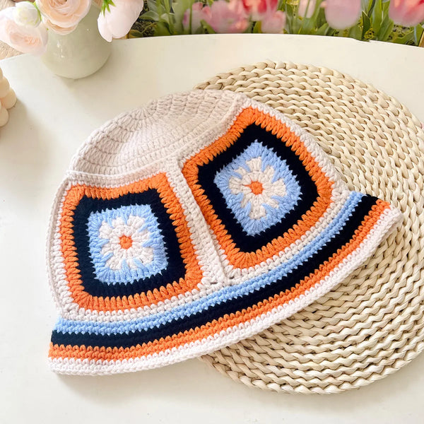 Women Muticolor Crochet Korean Handmade Bucket Hat Women Weaving Knitted Hat Y2k Fashion Flowers Autumn Winter Beanies Basin Cap