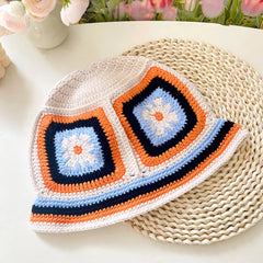 Women Muticolor Crochet Korean Handmade Bucket Hat Women Weaving Knitted Hat Y2k Fashion Flowers Autumn Winter Beanies Basin Cap