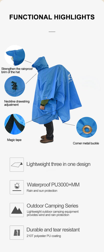 3 In 1 Waterproof Rain Poncho for Hiking and Camping