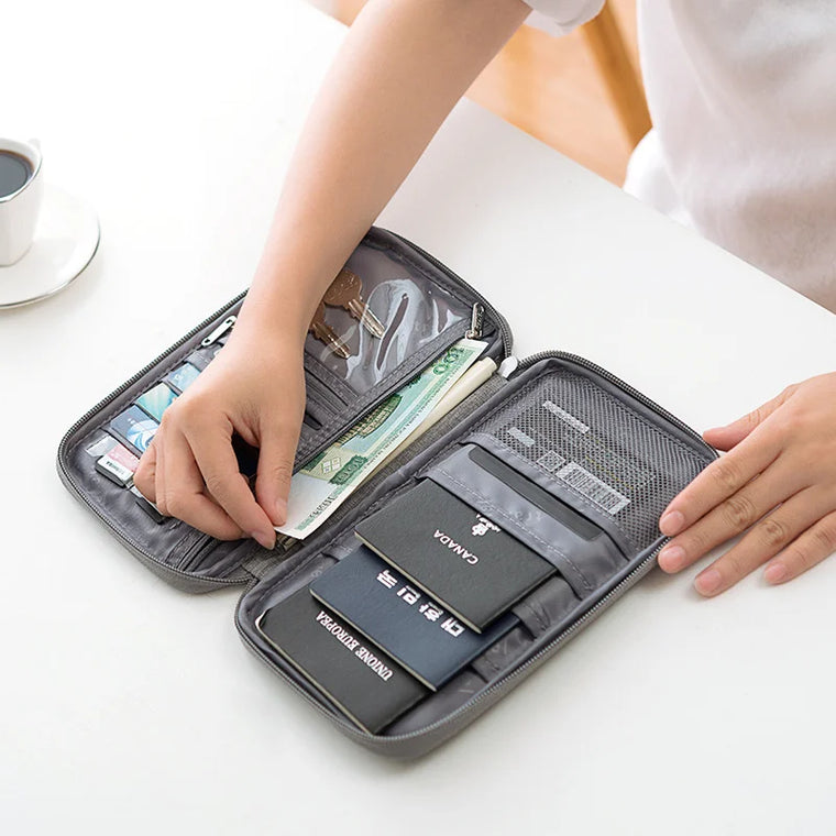 Travel Document Organizer - Waterproof Passport Holder with RFID Blocking, Multi-Card Slots & Zipper Pocket for Airplane/Train